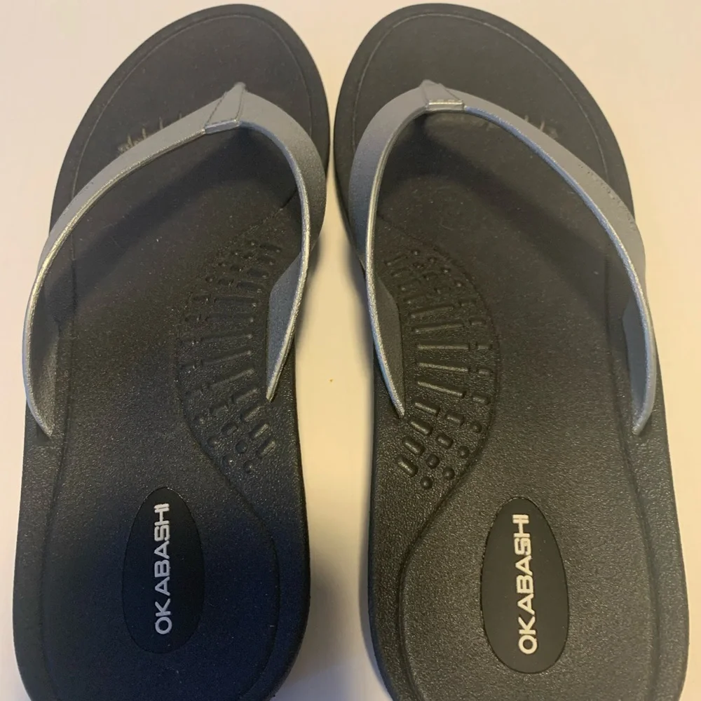 Okabashi Women’s Size LG (8.5-9) Black and Silver Rubber Flip Flops Sturdy EUC